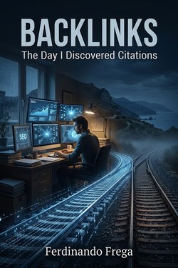 Backlinks — The Art of Attraction, GilletteGenesis, story 10: a man at his desk with SEO screens by the sea, beside two railway tracks, one real and one digital