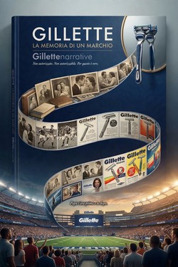 GILLETTE, LA MEMORIA DI UN MARCHIO — un nastro di pubblicità storiche sopra uno stadio, copertina del libro
