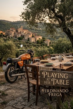 Playing at Her Table — The Art of Attraction, GilletteGenesis, story 02: a motorbike beside a laid table among olive trees above an Italian hill town
